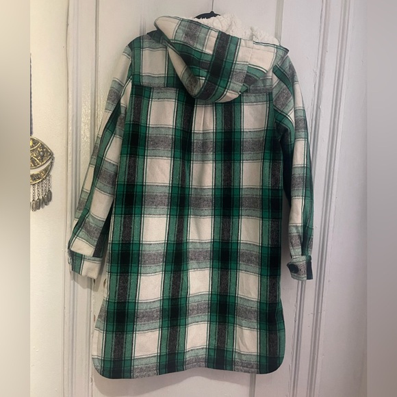 Madden Girl Green Plaid Flannel Long Shacket with Hood. - Picture 2 of 4